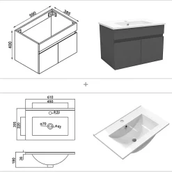 Ensemble meubles Salle de Bain simple vasque 60cm + rond miroir lumineux Anthracite