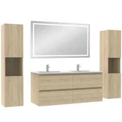 Ensemble meubles Salle de Bain 120cm avec colonne et miroir lumineux 3 couleurs et dimmable Chêne Wotan