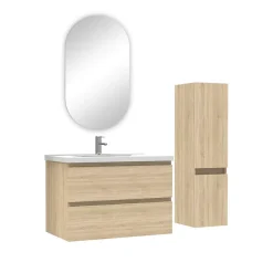 Ensemble meubles Salle de Bain 80cm vasque + colonne + miroir ovale Chêne Wotan