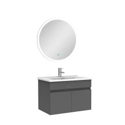 Ensemble meubles Salle de Bain simple vasque 60cm + miroir rond lumineux Anthracite