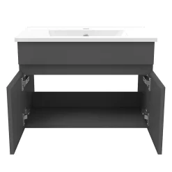 Ensemble meubles Salle de Bain simple vasque 60cm + miroir rond lumineux Anthracite