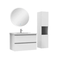 Ensemble meubles simple vasque 80cm,colonne + miroir rond lumineux Blanc