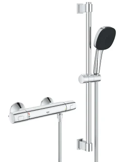Ensemble mitigeur de douche thermostatique + douchette + flexible et barre, chrome, Grohe Trend
