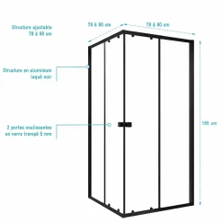 Ensemble portes de douche coulissantes extensibles Noir 80/90x185cm - BLACK SLIDE 80-90