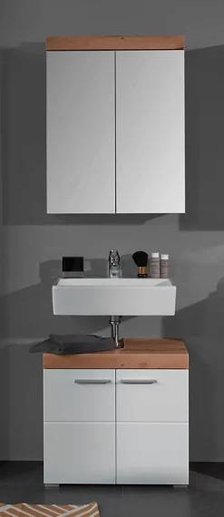 Ensemble salle de bain 2 pièces. mélaminé couleur chêne/blanc brillant L - H - P : 60 - 190 - 34 cm