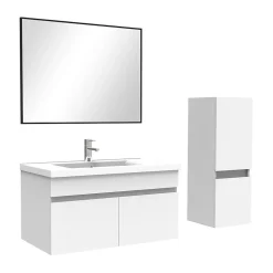 Ensemble Salle De Bain 80cm Blanc meuble + miroir + colonne + simple vasque