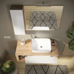 Ensemble salle de bain meuble suspendu+miroir+vasque HAMBURG blanc brillant, Kadiz 110 x 47 x 49 cm