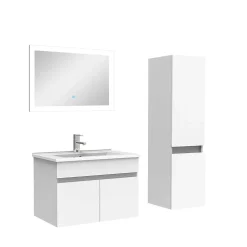 Ensemble Salle De Bain simple vasque avec colonne et miroir 60cm meuble blanc