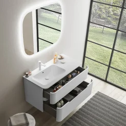 Ensemble salle de bains L. 104 cm meuble sous vasque blanc mat + plan vasque à gauche blanc brillant Alba