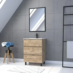 Ensemble sous vasque à poser effet chêne industriel 3 tiroirs + vasque blanche + 1 miroir, l.60 cm, Galedo Timber