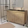 Ensemble sous vasque à poser effet chêne naturel 4 portes + vasque double noire, l.120 cm, Galedo Timber