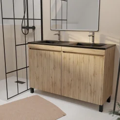 Ensemble sous vasque à poser effet chêne naturel 4 portes + vasque double noire, l.120 cm, Galedo Timber