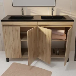 Ensemble sous vasque à poser effet chêne naturel 4 portes + vasque double noire, l.120 cm, Galedo Timber