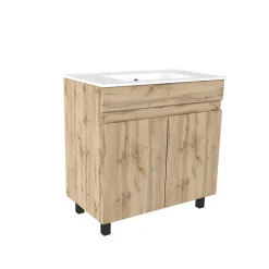 Ensemble sous vasque à poser effet chêne industriel 2 portes + vasque blanche, l.80 cm, Galedo Timber