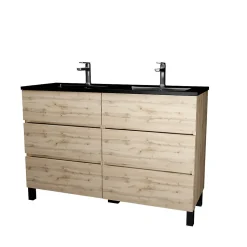 Ensemble sous vasque à poser effet chêne naturel 6 tiroirs + vasque double noire, l.120 cm, Galedo Timber