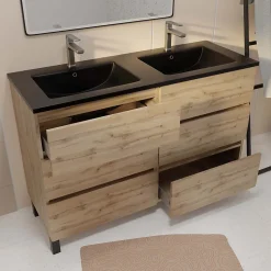Ensemble sous vasque à poser effet chêne naturel 6 tiroirs + vasque double noire, l.120 cm, Galedo Timber