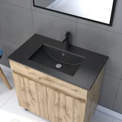 Ensemble sous vasque à poser effet chêne industriel 2 portes + vasque noire + miroir, l.80 cm, Galedo Timber