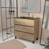 Ensemble sous vasque à poser effet chêne naturel 3 tiroirs + vasque noire, l.80 cm, Galedo Timber