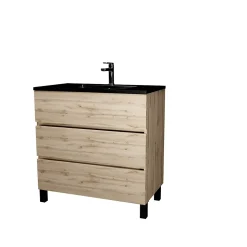 Ensemble sous vasque à poser effet chêne naturel 3 tiroirs + vasque noire, l.80 cm, Galedo Timber