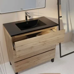Ensemble sous vasque à poser effet chêne naturel 3 tiroirs + vasque noire, l.80 cm, Galedo Timber