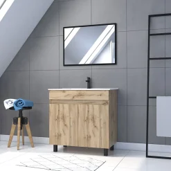 Ensemble sous vasque à poser effet chêne industriel 2 portes + vasque blanche + 1 miroir, l.80 cm, Galedo Timber