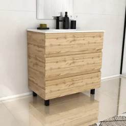 Ensemble sous vasque à poser effet chêne industriel 3 tiroirs + vasque blanche, l.80 cm, Galedo Timber