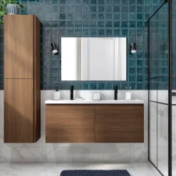 Ensemble sous vasque effet noyer 2 tiroirs + plan vasque blanc en céramique l.120 cm, GoodHome Levanna