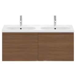 Ensemble sous vasque effet noyer 2 tiroirs + plan vasque blanc en céramique l.120 cm, GoodHome Levanna