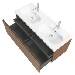 Ensemble sous vasque effet noyer 2 tiroirs + plan vasque blanc en céramique l.120 cm, GoodHome Levanna