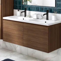 Ensemble sous vasque effet noyer 2 tiroirs + plan vasque blanc en céramique l.120 cm, GoodHome Levanna