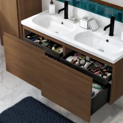 Ensemble sous vasque effet noyer 2 tiroirs + plan vasque blanc en céramique l.120 cm, GoodHome Levanna