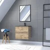 Ensemble sous vasque suspendu effet chêne industriel 2 tiroirs + vasque noire + 1 miroir, l.60 cm, Galedo Timber