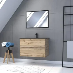 Ensemble sous vasque suspendu effet chêne industriel 2 tiroirs + vasque noire + 1 miroir, l.80 cm, Galedo Timber