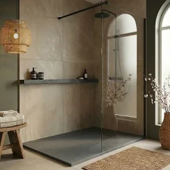 Essential 140x80 cm receveur de douche rectangulaire à poser SMC avec surface effet pierre, gris foncé (CERAES14080DG)