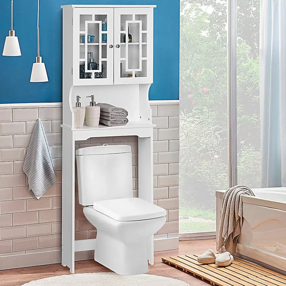 Etagere de Rangement Dessus Toilette Placard avec Deux Portes Transparentes Place de Toilette et Machine a Laver en Bas
