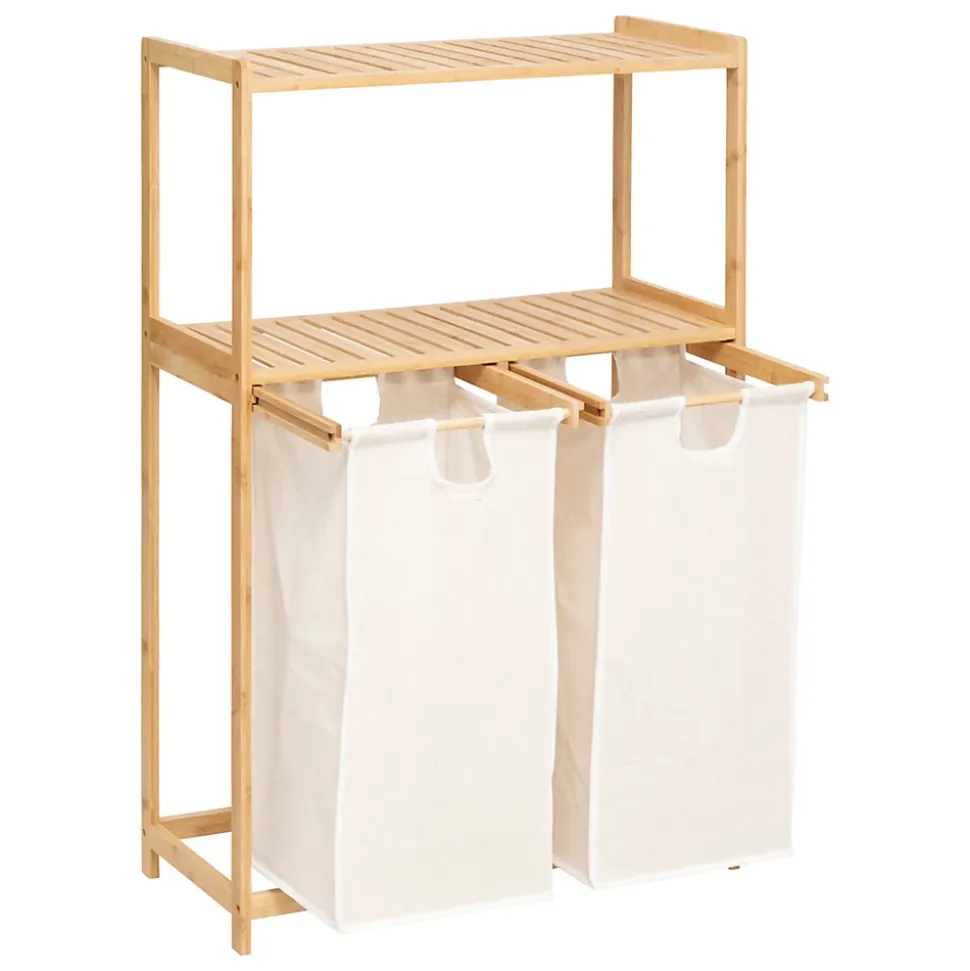 Etagère de salle de bain bambou avec panier à linge double compartiments, Five Simply Smart Tidy Box