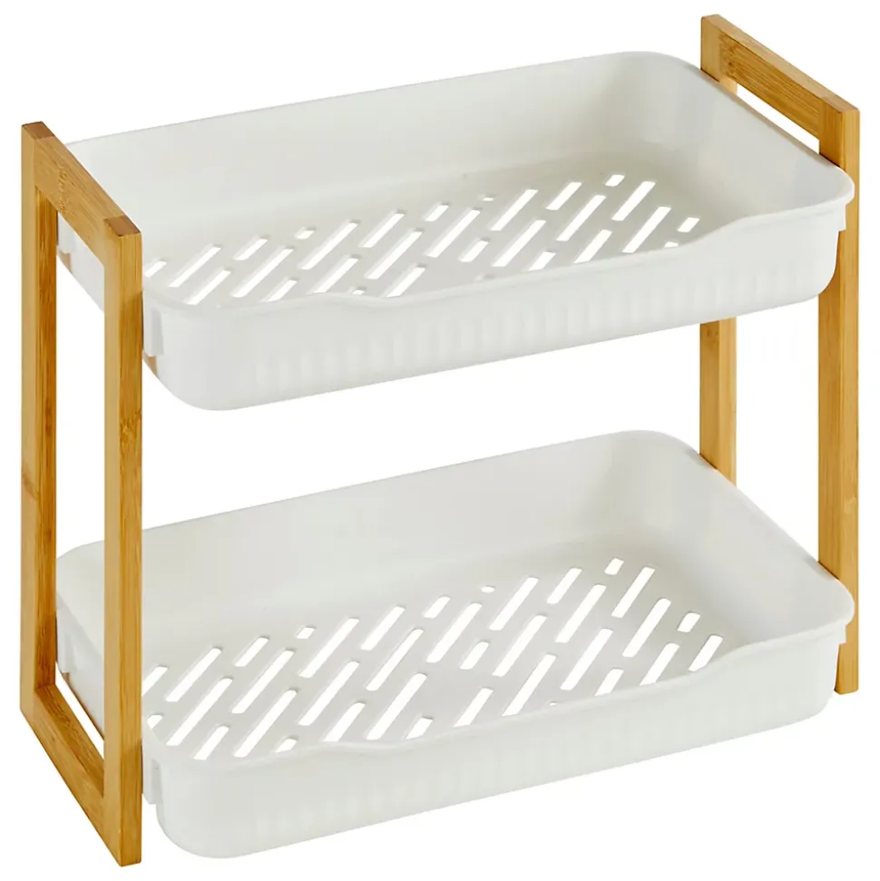 Etagère de salle de bain bambou et plastique blanc, 2 niveaux, H.35cm x P.27cm Five Simply Smart Naturéo