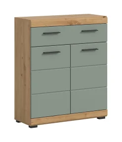 Eteka - Meuble bas (L/H/P : 74x88x31 cm) en imitation blanc et imitation sauge profonde