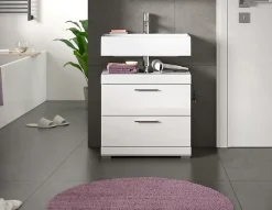 Eteka - Meuble sous-lavabo (L/H/P : 60x56x34 cm) en imitation blanc et blanc brillant profond