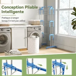 Etendoir a Linge Pliable a 4 Niveaux avec Ailes Laterales Rotatives et Etageres Pliables Sechoir avec Roues Verrouillables