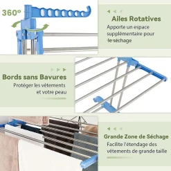 Etendoir a Linge Pliable a 4 Niveaux avec Ailes Laterales Rotatives et Etageres Pliables Sechoir avec Roues Verrouillables