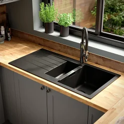 Evier à encastrer en composite quartz gris 1,5 bacs et égouttoir l. 50 x H. 30,4 x P. 19,7 cm GoodHome Torla