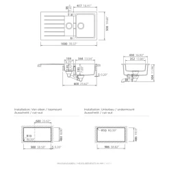 Evier à encastrer en composite quartz gris 1,5 bacs et égouttoir l. 50 x H. 30,4 x P. 19,7 cm GoodHome Torla