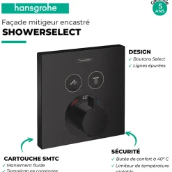 Façade pour mitigeur thermostatique encastré HANSGROHE ShowerSelect avec 2 fonctions noir mat et corps encastré iBox