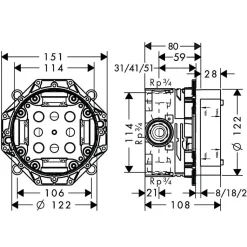 Façade pour mitigeur thermostatique encastré HANSGROHE ShowerSelect avec 2 fonctions noir mat et corps encastré iBox