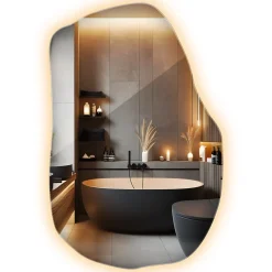 Grand Miroir LED Organique Galet Wallfluent 100x65cm Lumière Chaude Décoratif Asymétrique Naturel Tendance