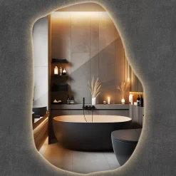 Grand Miroir LED Organique Galet Wallfluent 100x65cm Lumière Chaude Décoratif Asymétrique Naturel Tendance