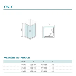 GRAND VERRE Cabine de douche d'angle 90x90 hauteur 185cm avec deux portes coulissantes profilés chromés