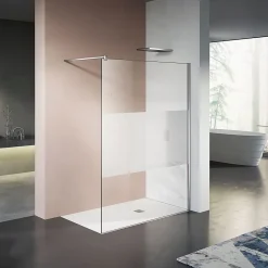 GRAND VERRE Paroi de douche 140x200 avec bande givrée au centre Profilé vertical et barre de stabilisation chromés