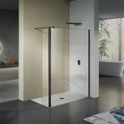 GRAND VERRE paroi de douche avec retour pivotant 70+30 cm hauteur 200 cm avec barre de fixation 90cm en noir mat